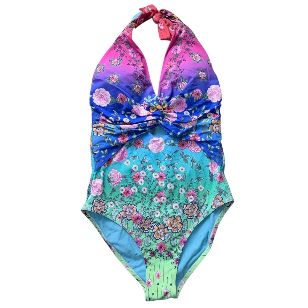 Johnny Was Womens Small Twist Keyhole Floral Halter Neck One Piece Swimsuit NWT